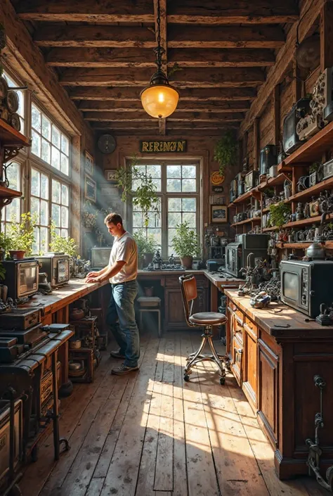 A modern-day repair shop in an old inn