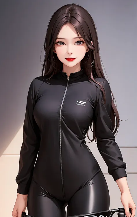 woman , long hair brown, normal, dark, she is solo, from alternative world ,best quality, realistic, cycling (full black shiny color) suit and cycling black shorts, she is stand , smile, red lipstick , 