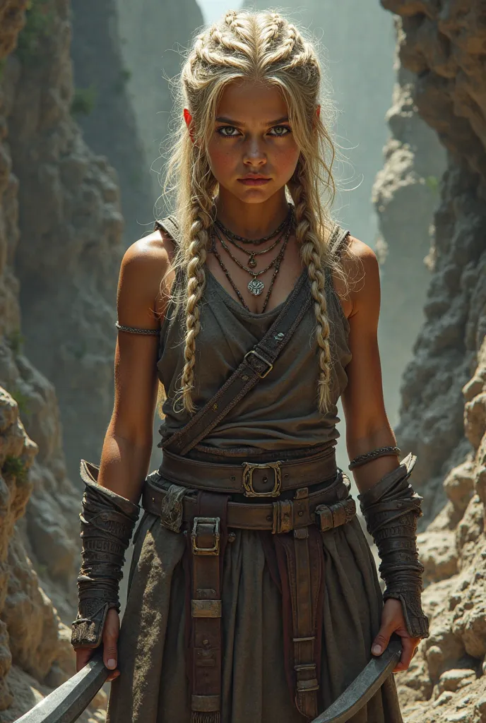 A Young Warrior, With braided blond hair, Sosteniendo cuchillos