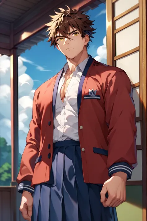 sole young man, japanese school uniform, muscular, wide shoulders, serious, frowning, brown hair, yellow eyes, doudanuki masakuni, messy hair, traditional japanese house background, diagonal scar across nose, student uniform