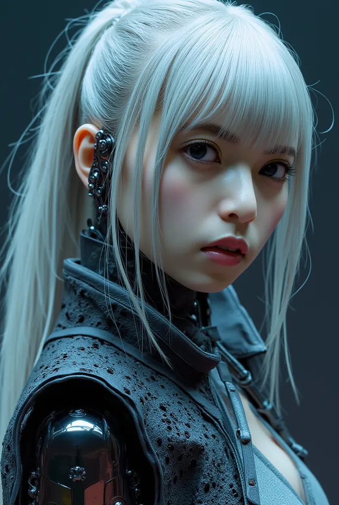 Android girl, Highest quality, masterpiece, ultra-high resolution, photo realistic, raw photo, 1 cyberpunk girl, cowboy shot, glossy skin, 1 mechanical girl, super realistic details, (mechanical limbs, tubes connected to mechanical parts, mechanical verteb...