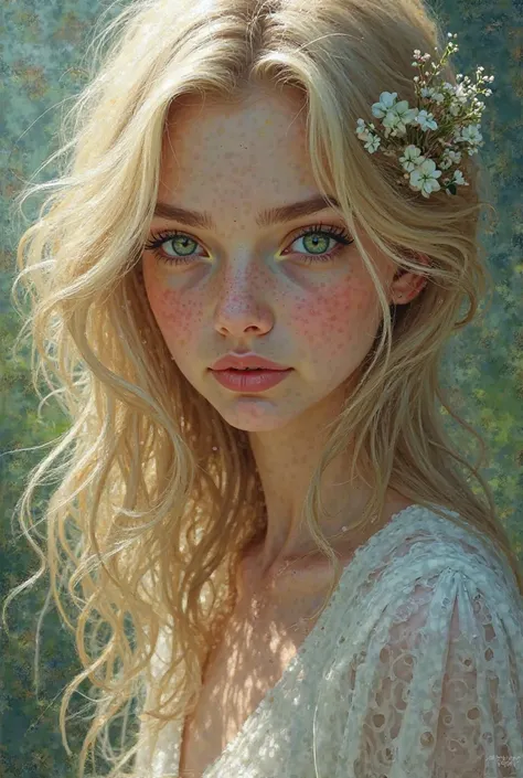 Post ampersionism art style a beautiful girl whit blonde hear and green eyes