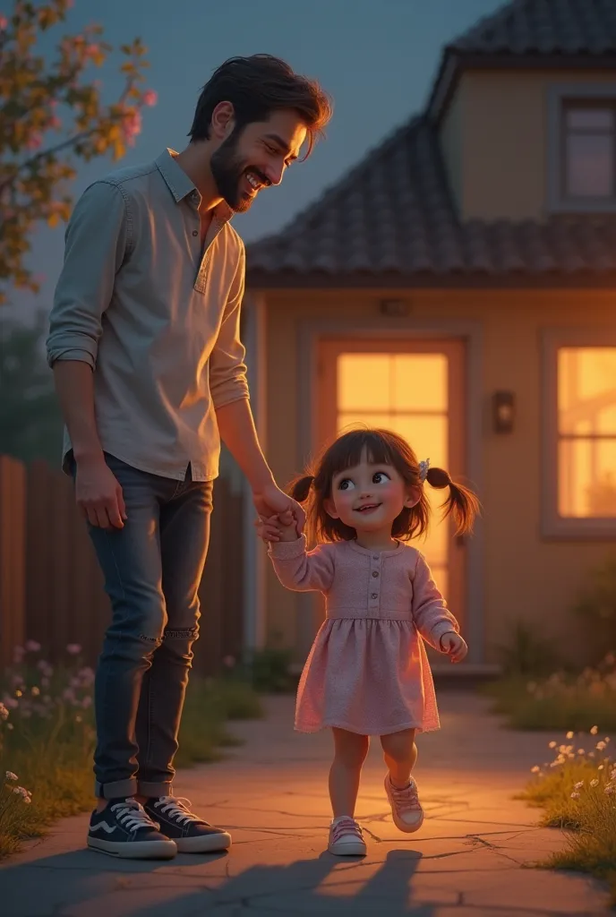 Father smiling beside his daughter, proud: He watches her warmth, pride twinkling in his eyes  as she takes another step at night. Realistic image!! Outside the house