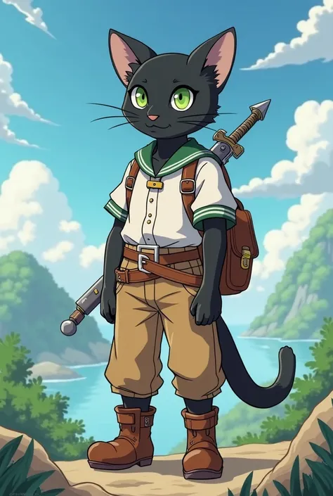 a young black cat, anthropomorphic, green eyes. who wears a white regatta, A brown pair of pants, And a brown boot, pants he wears an adventurer's bag along with a sword. is traveling around the world, screenshot, anime.