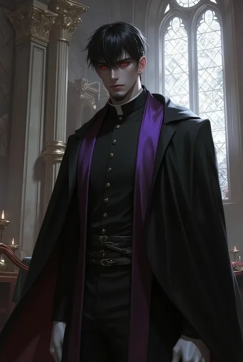 man with dark skin, black hair cut low around the back with a long fringe covering his left eye, pointed goatee, dressed in a priest's outfit, red eyes, white gloves, purple clerical stole, look of superiority and sarcastic smile, inside a church