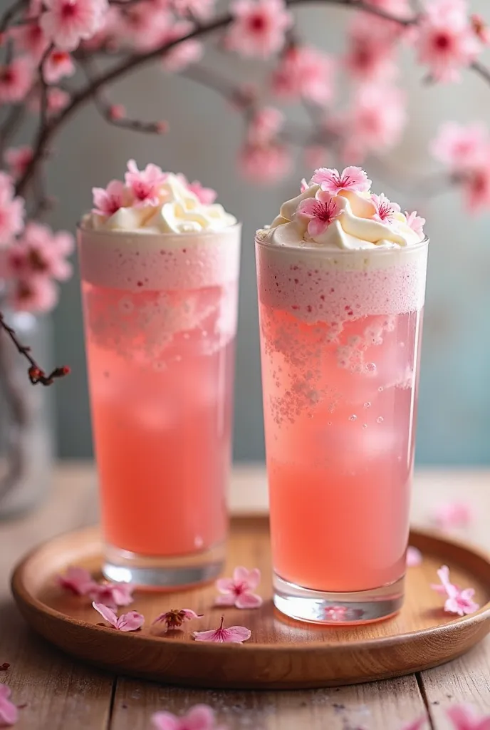 Two spring-like pink cream sodas are arranged on a wooden tray。Carbonated bubbles rise up inside the glass、and ice cream and cherry blossom petals are displayed on the top。