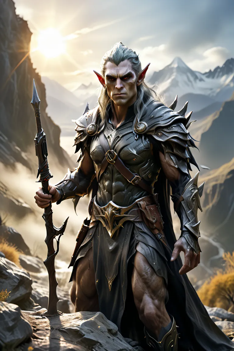 Muscular elf with a half-naked sniper rifle wearing a black robe