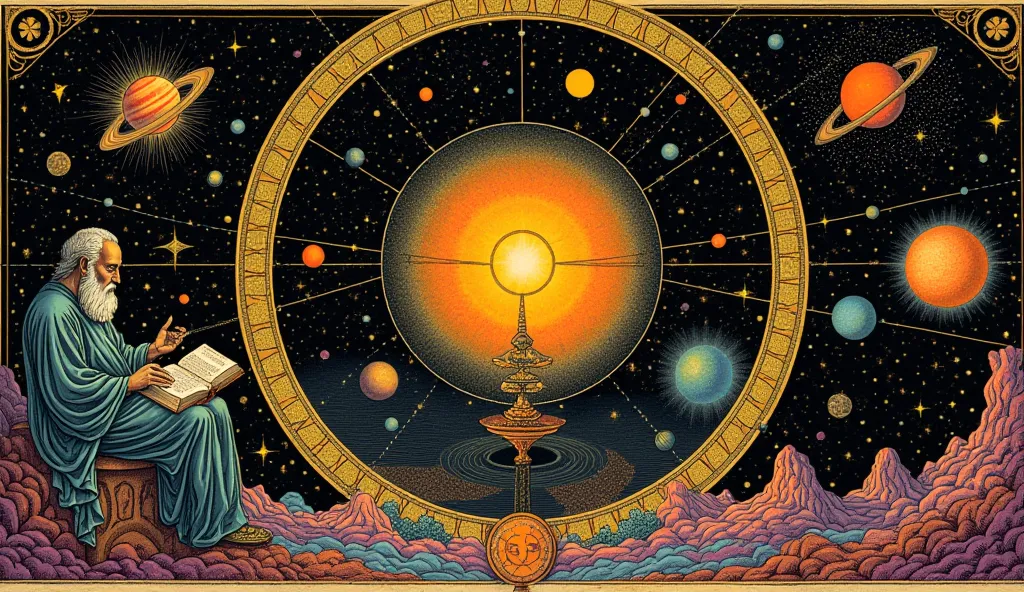 A wise figure studies a book while seated beside an ornate, circular frame that portrays the solar system. Planets of various sizes and colors orbit around a glowing central sun, surrounded by a cosmic backdrop filled with stars. The scene blends elements ...