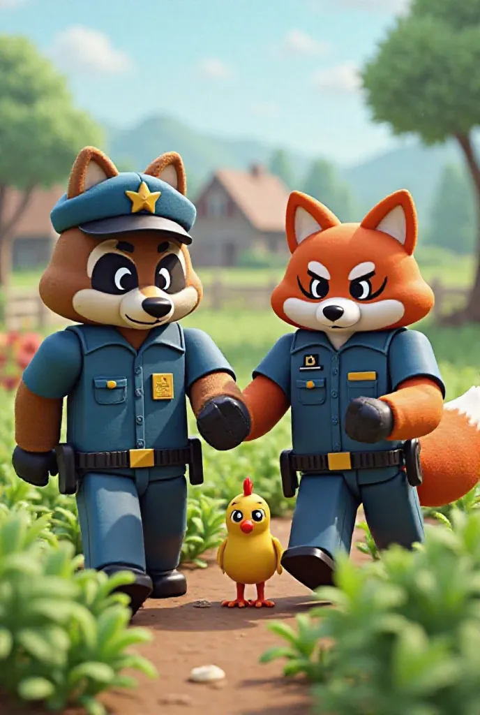 In a pixel 3D farm, two blocky police officers (a voxel-style dog and raccoon in blue uniforms) are arresting the sneaky foxes in the potato field. The foxes look guilty and scared as they are being led away. The mother hen and her chicks watch from the si...