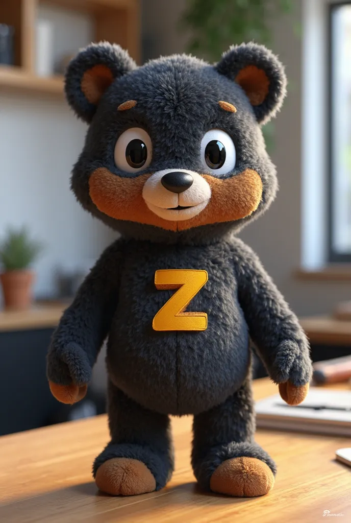 Create an animated character as a plush toy as a costume for a company called Fonazo, his logo is black with white letters and instead of the letter “z” of the company's name it is a yellow ray. It is a company dedicated to the sale of iPhone, cell phone a...