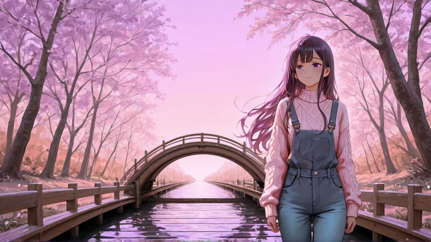 Snow-covered mountains under a pink and purple sky,  a meandering river , a small wooden bridge, lofi art style, pastel colors and quiet environment."

