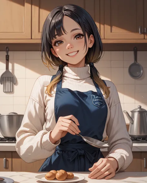 a young woman, Brown Eyes, straight black hair, ((A dark blue bib.)) ((A white low-cut sweater))   pale skin , small breasts, happy, long hair, Waist up perspective, resting against the kitchen counter, gradient hair,  smile, small waist