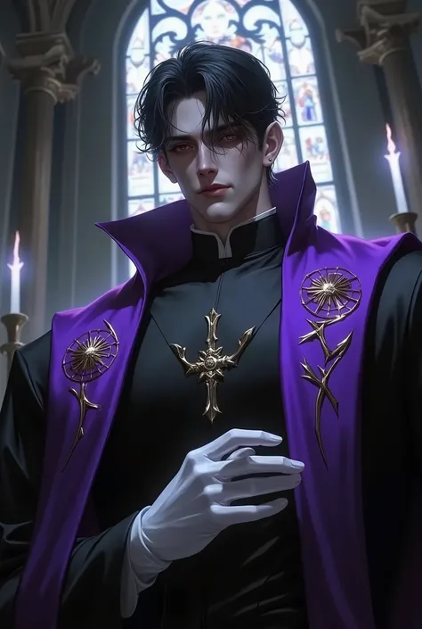 man with dark skin, black hair cut low around the back with a long fringe covering his left eye, dressed in a priest's outfit, red eyes, white gloves, purple clerical stole, look of superiority and sarcastic smile, inside a church