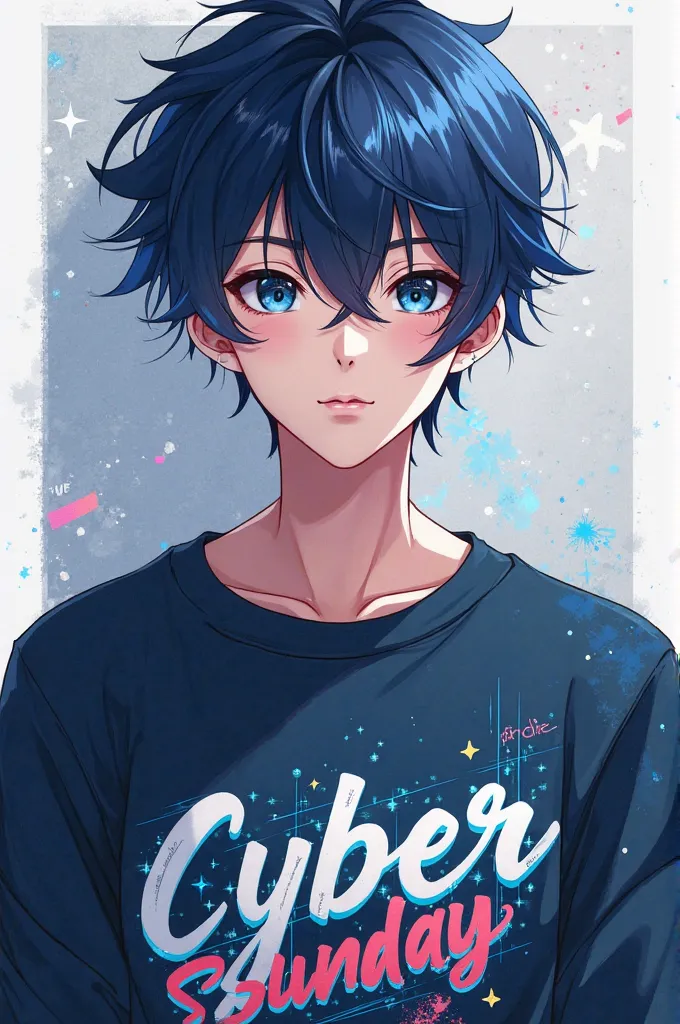 20-Year-Old Boy Anime Style 2.0, With Very Dark Blue Hair, and sweatshirt  "cyber Sunday"