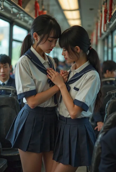 a hot Korean girl in the school dress , pulling up her short skirt in the bus and showing her panties , meanwhile another girl from behind grabing her boobs aand playing with it