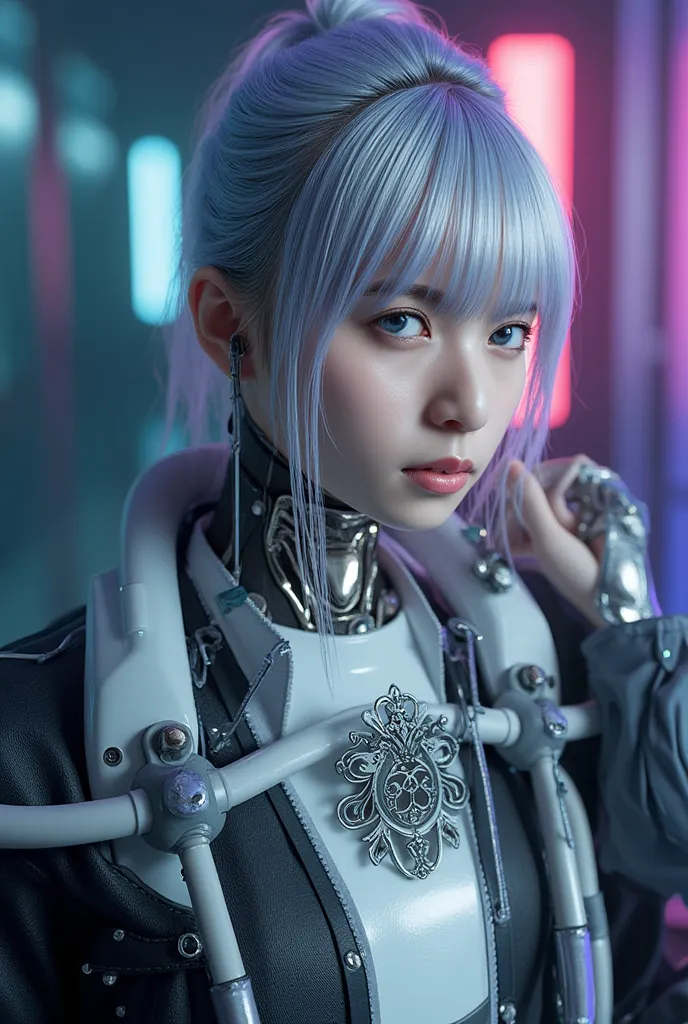 Android girl, Highest quality, masterpiece, ultra-high resolution, photo realistic, raw photo, 1 cyberpunk girl, cowboy shot, glossy skin, 1 mechanical girl, super realistic details, (mechanical limbs, tubes connected to mechanical parts, mechanical verteb...