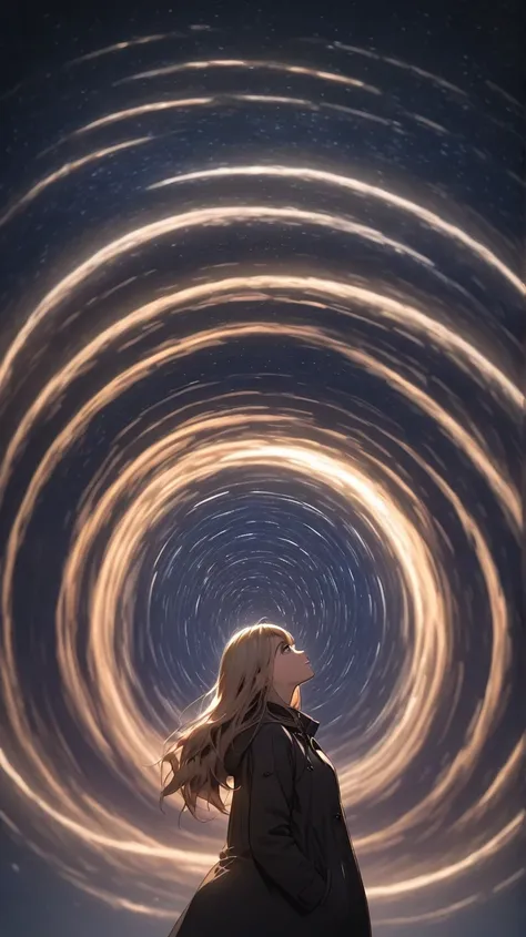 
 lots of stars shining in a beautiful bright winter night sky ,  long exposure starry sky with lots of circular orbits , Silhouette of a young woman with long hair with her hands in her coat pockets looking up, Photo taken from long distance ,  photo from...