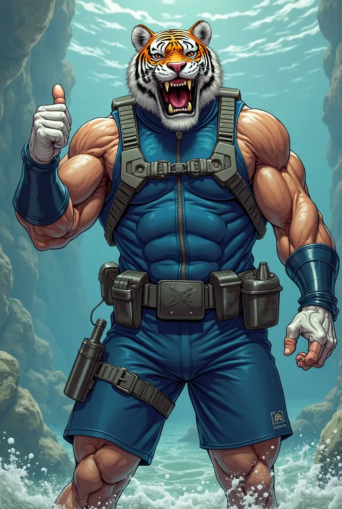 (A rugged beefy extremely muscular bulky old man), (wearing blue fully-zipped fullbody wetsuit with short swimming pants that show his muscular thighs), (wearing realistic roaring tiger mask), thumbs up pose, wearing bulky harness, wearing bulky scuba gear...