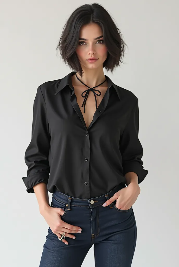 A woman with short hair and black, wearing a black blouse with dark blue jeans and with sneakers and with a drawstring around your neck 