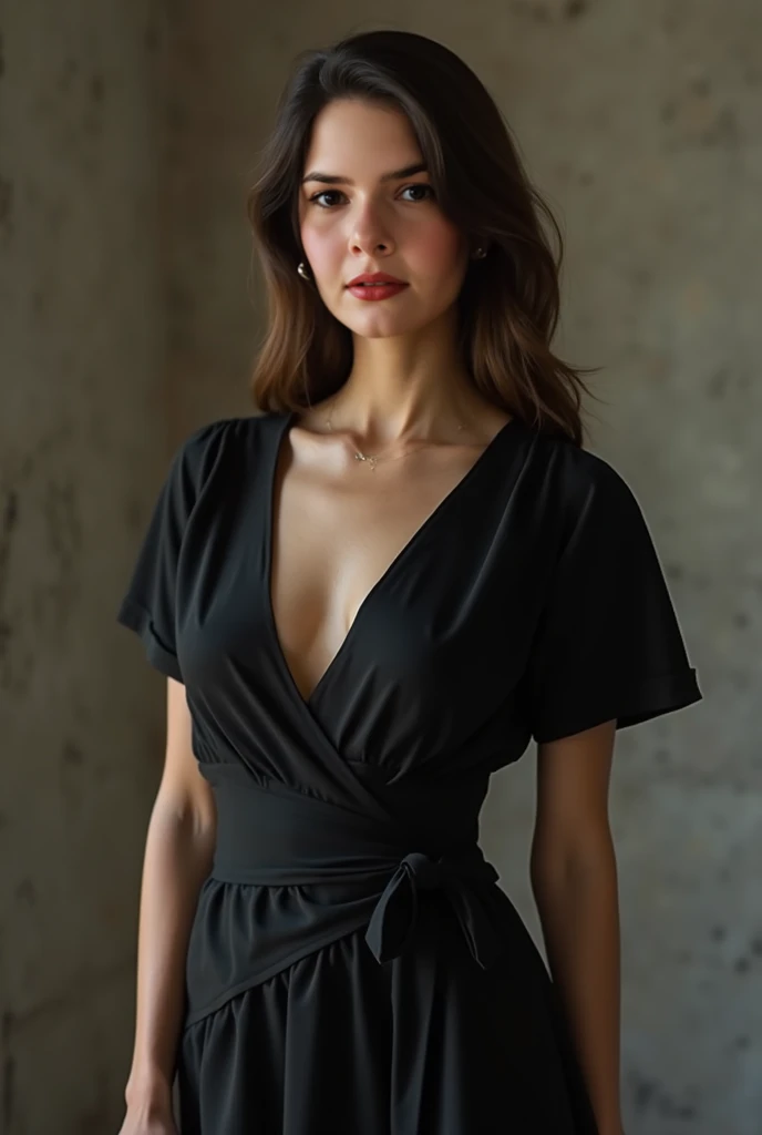 A woman wearing black wrap dress, Looking at the viewer and standing