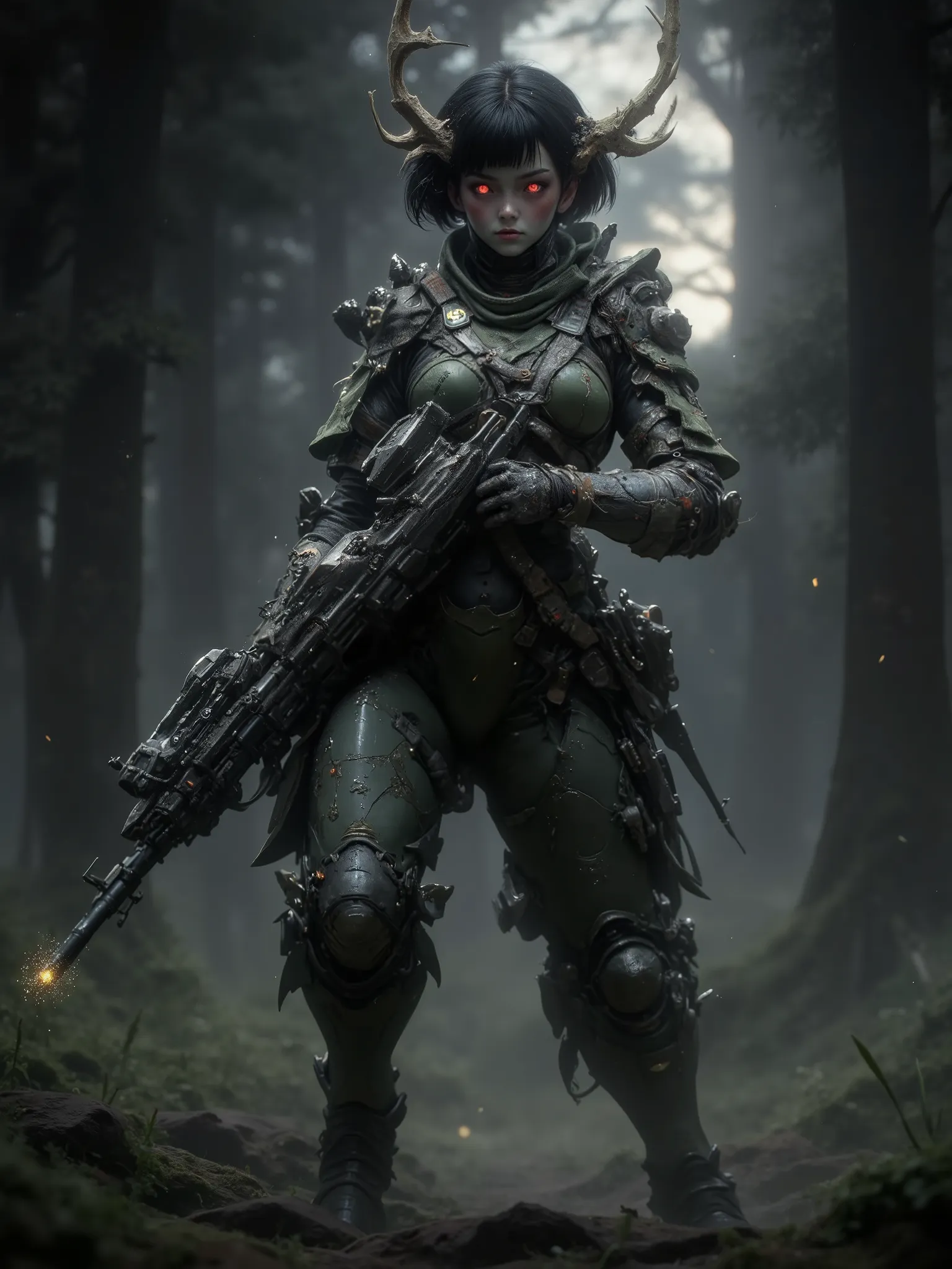 Mathilda, Cybernetic pale female , Short Black Hair, wearing Green Camouflage Light Armor,  Ghillie Suit, Deer Antlers on Head, Holding a High tech Sniper Rifle, glowing Red eyes, walking through a dark forest, During the Night, Moon High in the sky