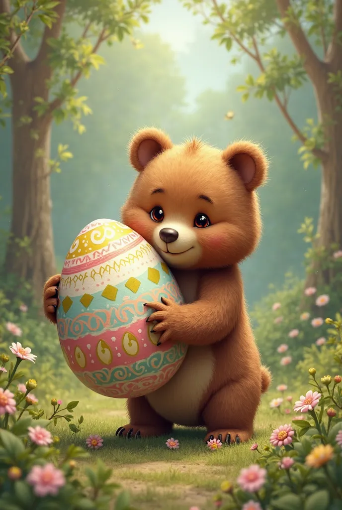 Draw a cute brown bear holding a large Easter egg, decorated with colorful patterns like stripes, dots and spirals.