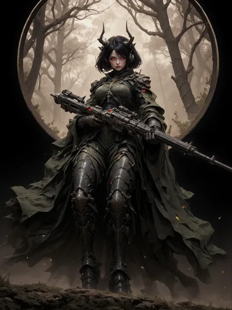 Mathilda, Cybernetic pale female , Short Black Hair, wearing Green Camouflage Light Armor, Ghillie Suit, Deer Antlers on Head, Holding a High tech Sniper Rifle, glowing Red eyes, walking through a dark forest, During the Night, Moon High in the sky