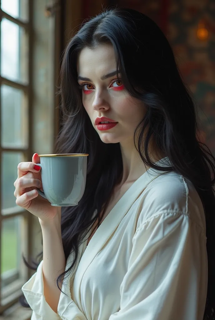 Female vampire with white skin tone, voluminous black smooth hair, crimson eyes, wearing a white robe, great physique, great beauty, sipping coffee from a grey glass mug, currently inside a medieval house looking outside the window with a hungry look as wa...