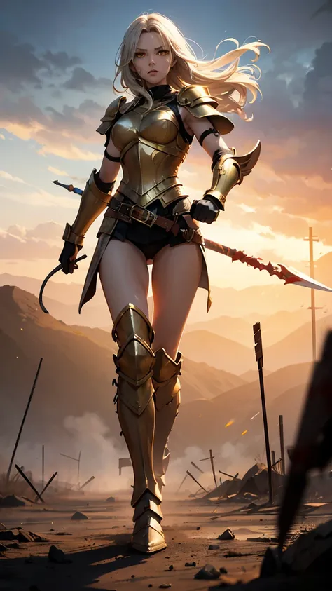 A warrior with long white hair, messed up by the wind, and intense yellow eyes. Your body is strong and toned, but covered by an imposing Spartan armor ornamented in gold. She holds a spear in one hand and a shield in the other hand. She's on a Battlefield...