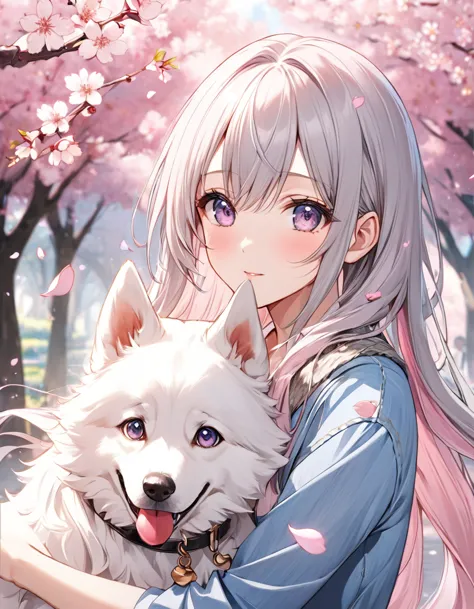 Cherry blossom trees in full bloom、 silvery long hair、アニメの美少女がpink denim を着て笑顔で散歩をしています、I'm with my dog、  Beautiful Anime   portrait,  pink denim 、  Beautiful Anime   girl,   Beautiful Anime  ,   Beautiful Anime   woman,   Anime Art Wallpaper 4K ,   Beauti...