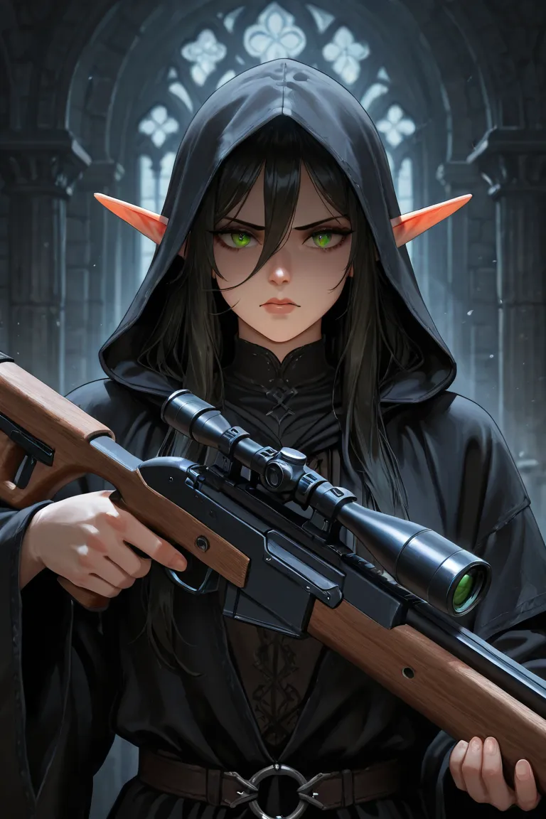 Elf with a sniper rifle, wearing a black robe 