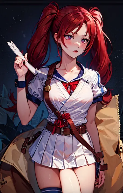 Japan cartoonish girl。
 Auburn Hair（twin tails tied with a red ribbon）
purple eyes
white blouse
Navy Blue Sailor Jacket（、white piping and silver buttons）
red pleated skirt
white thigh high socks（Red Line ）
Red and Grey Tech Inspired Boots
A brown bag that ...