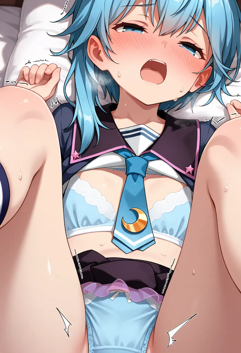 kantai collection, best quality, masterpiece, highres, solo,minazuki(kancolle), minazuki_kantaicollection, blue_hair, blue_eyes, asymmetrical_hair, short_hair_with_long_locks, open_mouth, panties, blue panties, bra, underware, face focus, nsfw, close-up, l...