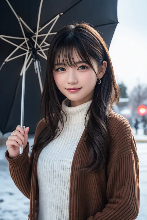 best quality, 8k, masterpiece :1.3)), 1 girl, random hairstyle,  photos, face focus, Costume, super detailed face, detailed eyes,  double eyelids, idol, cute, full body, Winter clothes, smile, Use an umbrella, It rains