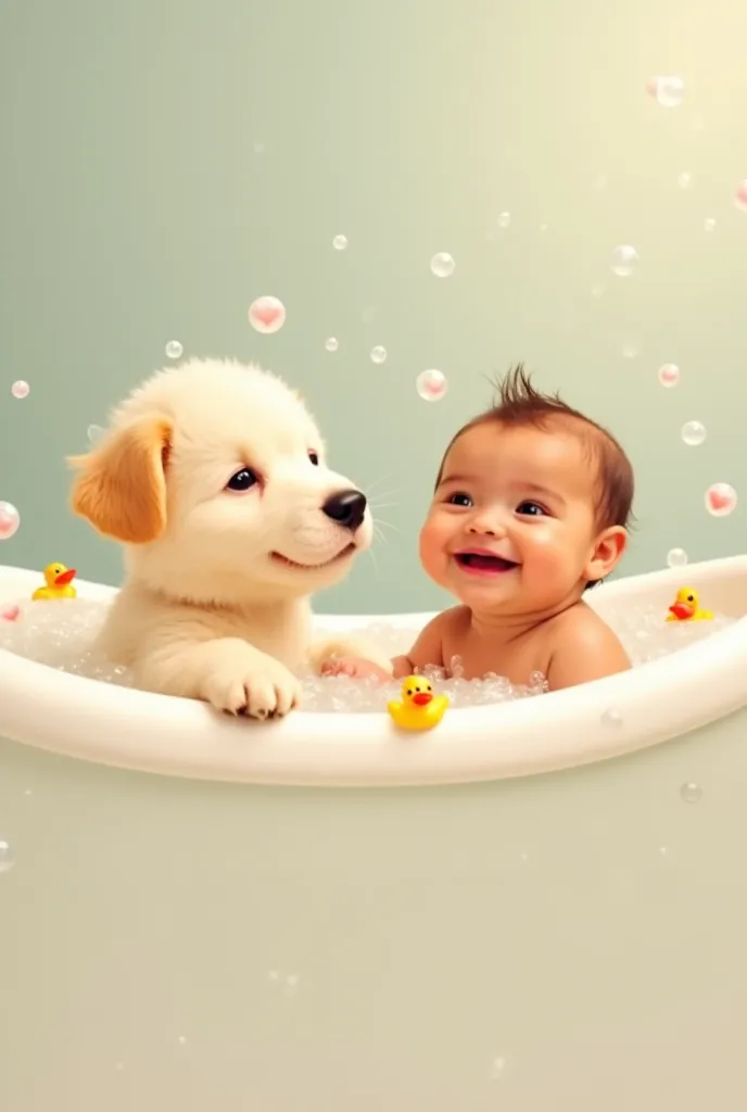 Here’s a detailed prompt for your video:

“Create a heartwarming one-minute video featuring a fluffy and adorable puppy taking a bath in a bathtub alongside a baby. They act like best friends, splashing playfully in the warm water, surrounded by bubbles an...