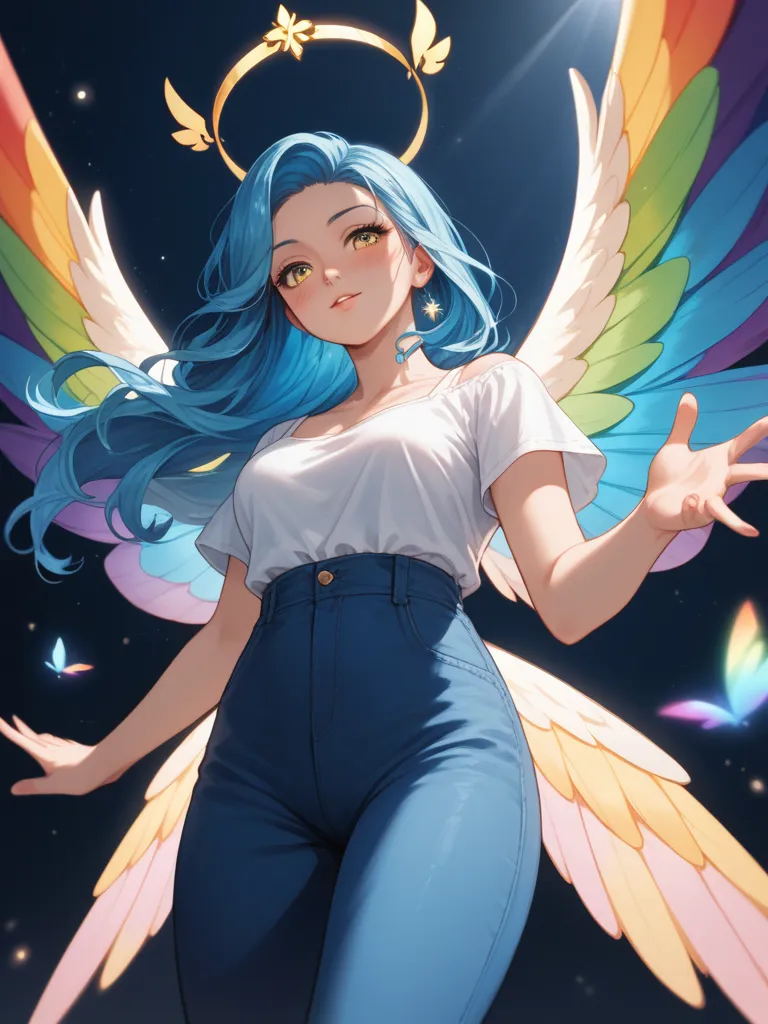 Anime girl with rainbow color wings, she's flying, blue hair,yellow eyes,white top ,blue pants, HD, Long Hair, Breasts, Blush, Yellow Eyes, From Below, Jewelry, Backlighting, Abstract, 