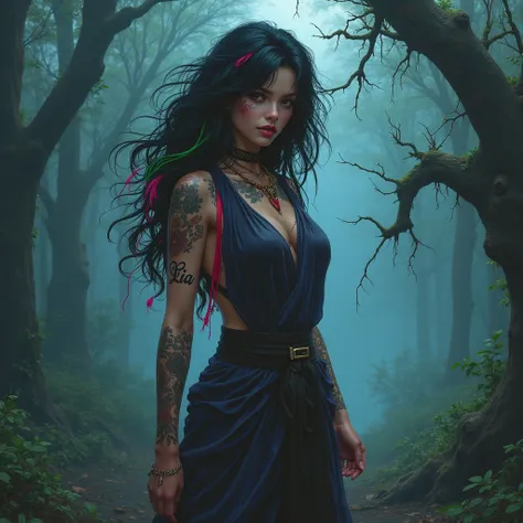 It's a wide-angle shot of a femme fatale  and black hair with streaks of colour. She poses confidently in a setting of horror: she is dressed in a simple toga. She has multiple symbols tattooed on her, including one that says ‘Lia’ Strange, haunted forest,...