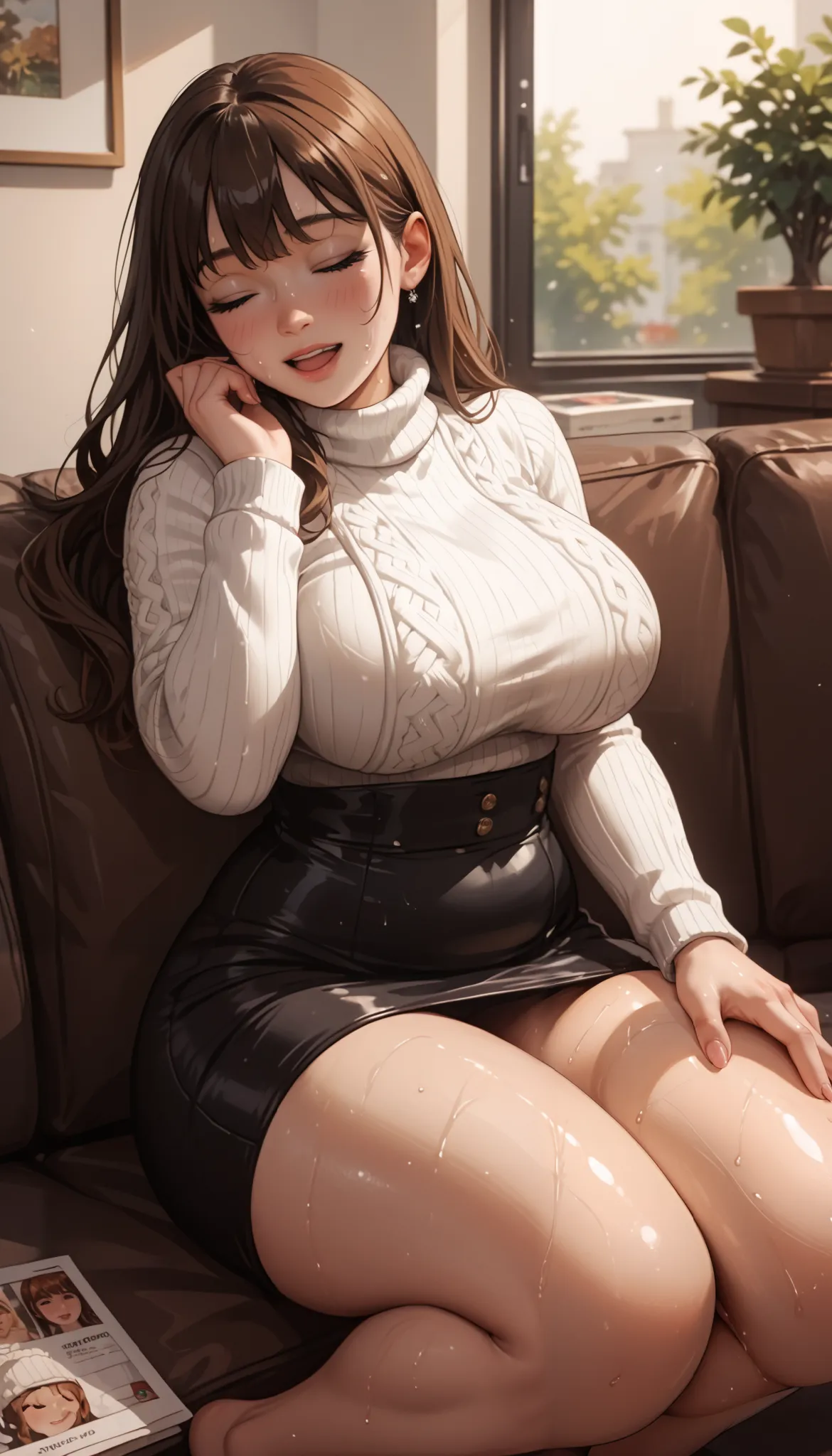  best quality, extremely detailed,  human anatomically accurate ,   young woman lying alone on the living room sofa and squatting happily,   young woman in a tight white winter sweater   ,   young woman in a tight long black maxi skirt ,  young woman has b...