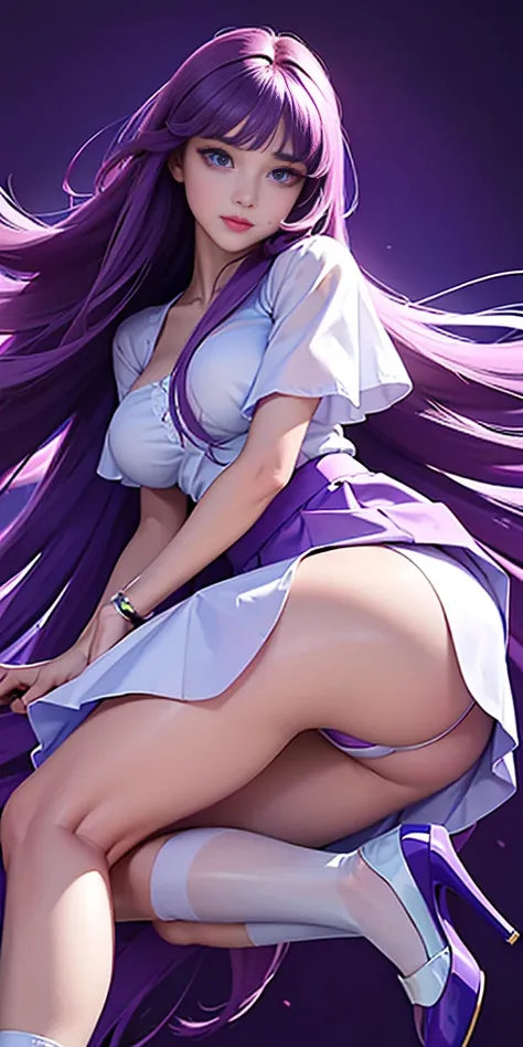 ((  best resolution , the best quality , disparate, obra maestra))chico_Saori,  a girl, 25 years, of foot, Alone , Huge breasts,  Tight mini dress , obra maestra, the best quality, Detailed face, detailed eyes, High resolution ,  long purple hair ,  expres...