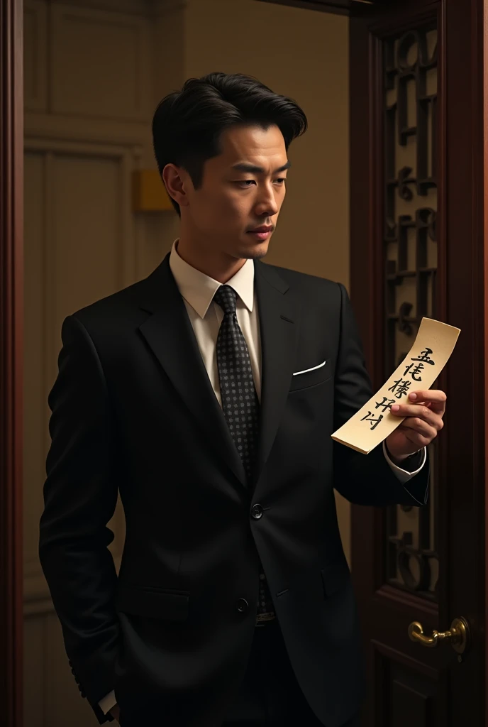 A handsome man，Open the back door with a note in Chinese written on it