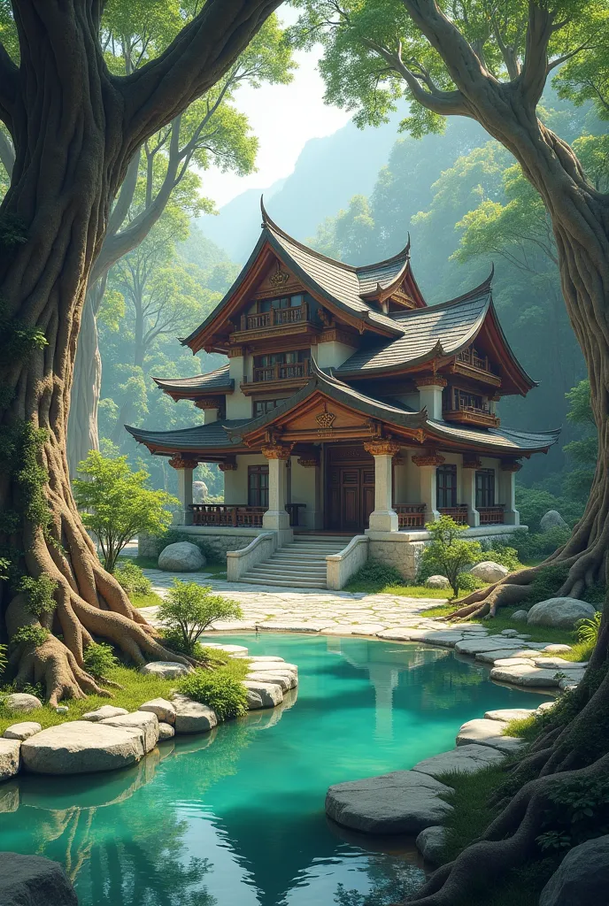 Alpine trees with big roots, dence forests , white rocks, 4 story kathkuni hut made from white stone and polished wood and carving on wood with balcony and green bright water pond