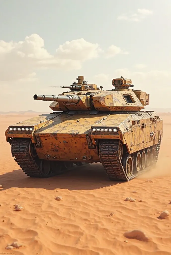 A concept combat vehicle ,a tank with futuristic spaced armour and spring plating shell detourants with a desert camouflage 