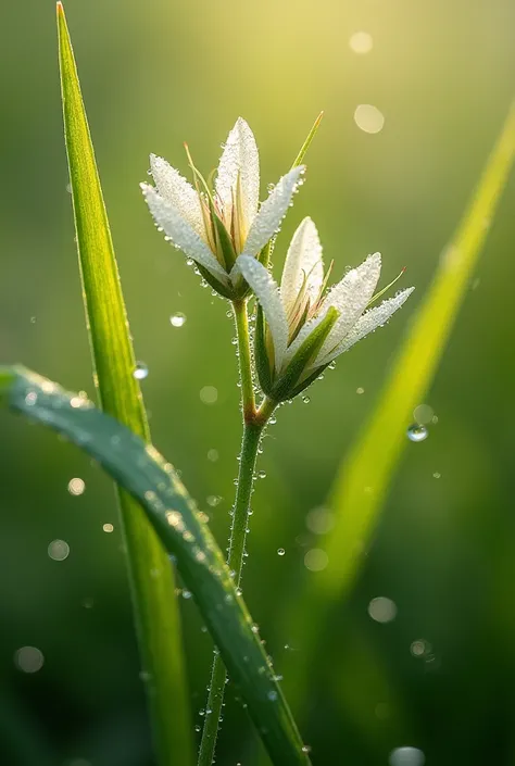   Very realistic close-up photos of roadside grass flowers,Many drops of water,sharp focus