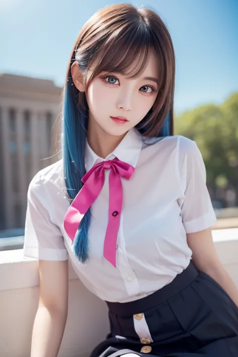 (  Details beautiful eyes and   Details face, masterpiece side light, masterpiece,  top quality ,   Details,  High Resolution Illustration ), ( 1 girl,  beautiful girls,  Shiny Skin,  Look Down,  Watch Viewers ), (  long sky blue hair , pink eye,  skirt , ...