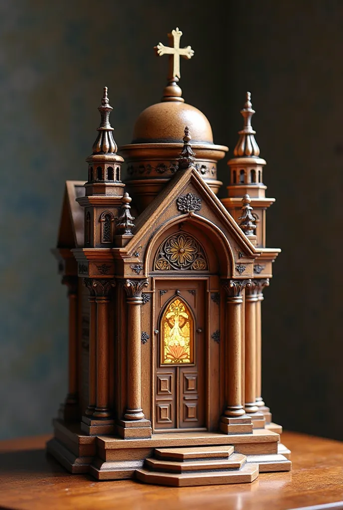 Create a miniature urn made of noble wood to display a saint, Make it look like a cathedral with a lot of style. Its roof looks like a cathedral with its towers, capitals and a large central dome. That it has columns and a large central door with stained g...