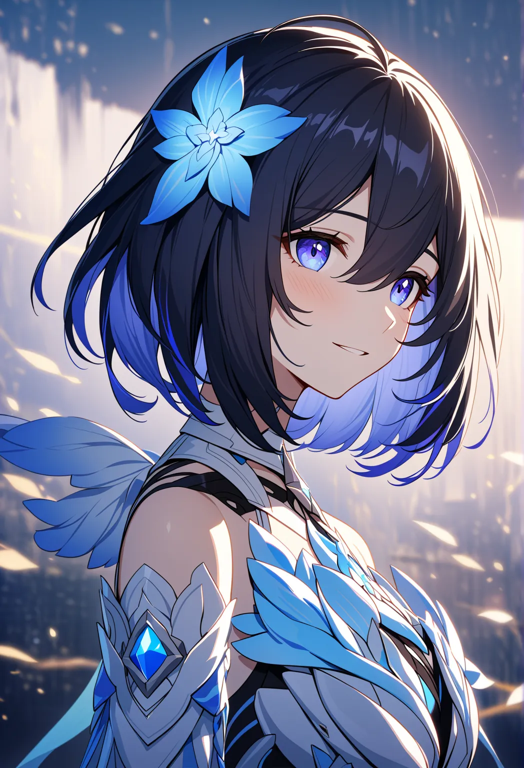 One girl, Seele vollerei \(Hersher of Rebirth), Honkai Impact 3, bobcut, black_hair_with_blue_hair smile, (Very fine grain:1.37), blue eyes, (Diamond shaped iris:1.5)