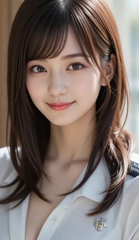 (a state where the face is accurately positioned in the center of the image: 1.5), (upper breast: 1.5), (fully reflects the entire head: 1.5), (Face clearly visible: 1.2)、 (Female police officer : 1.5), (Jail : 1.5), long hair、bangs, smile, young and cute ...