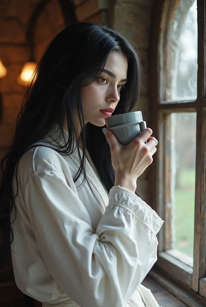 Female vampire in her early 20's with white skin tone, voluminous black smooth hair, crimson eyes, wearing a white robe, great physique, great beauty, sipping coffee from a grey glass mug, currently inside a medieval house looking outside the window in the...