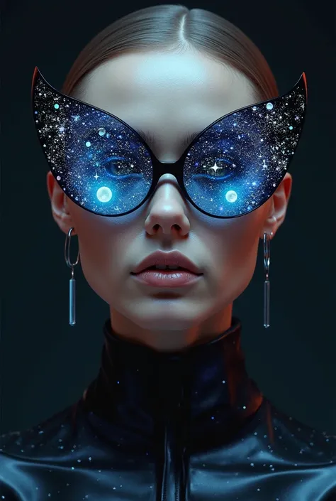  The model wears glass sunglasses with stars and the moon in the glass