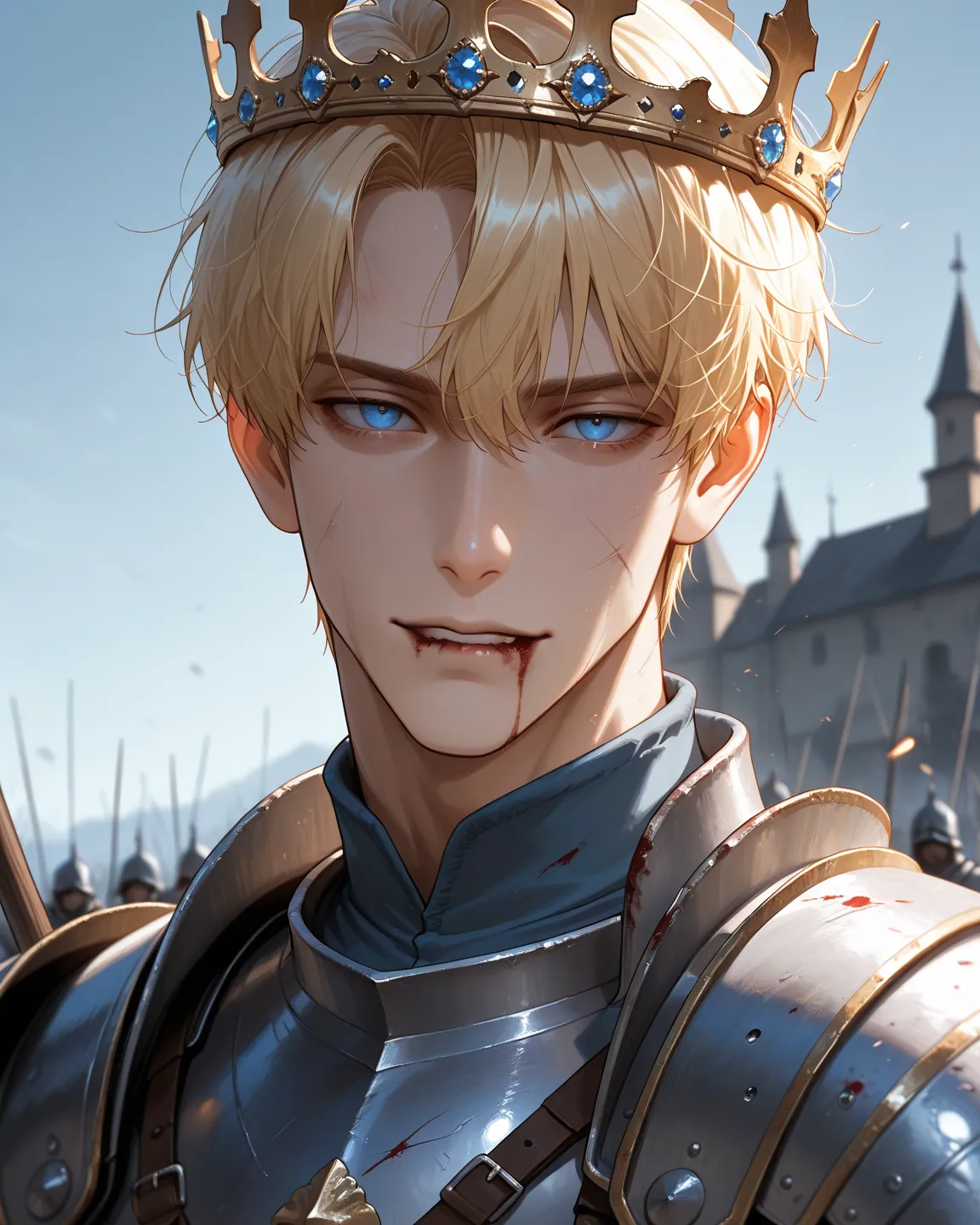 score_9, score_8_up, score_7_up, 1 boy, masterpiece, best quality, detailed eyes, detailed face, strong, mature, wide upper body, thin lower body, masculine, strong physique, handsome,

vibrant blue eyes, looking at viewer, small smile, medieval king theme...